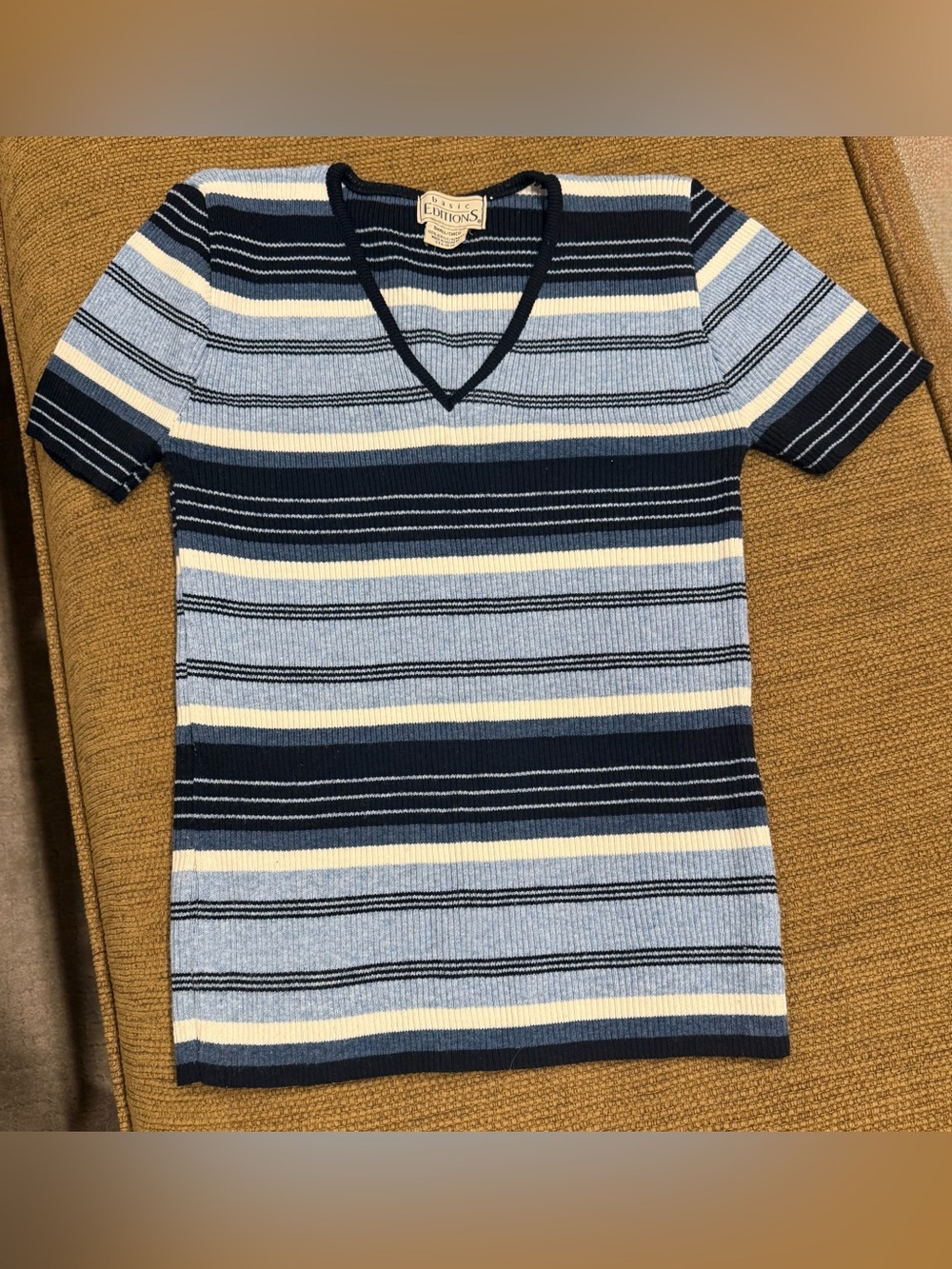 NWOT Vintage Basic Editions Navy, Light Blue, Cream & Black Striped V-Neck Tank